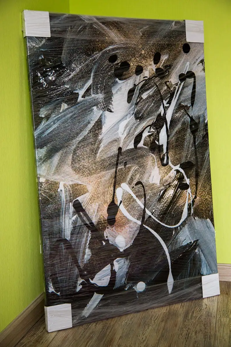 Jackson Pollock Style Grey Abstract Painting, Beautiful Abstract Canvas Art Grey Gold.Abstract Oil Abstract Contemporaneo