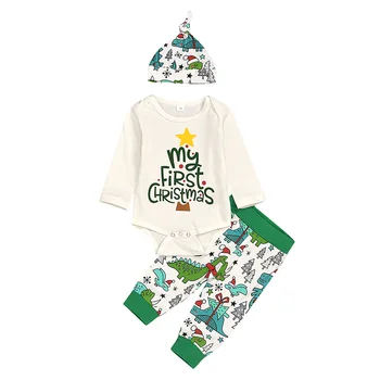 

Autumn Baby Girl Boy Christmas Cartoon Letter Print Long Sleeve Romper Tops Trousers Hat Outfits