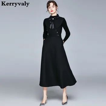 

Autumn Women Black Sleeveless Woolen Maxi Dress with Sweater Backing Long Two Piece Dress Vestido Branco K8644