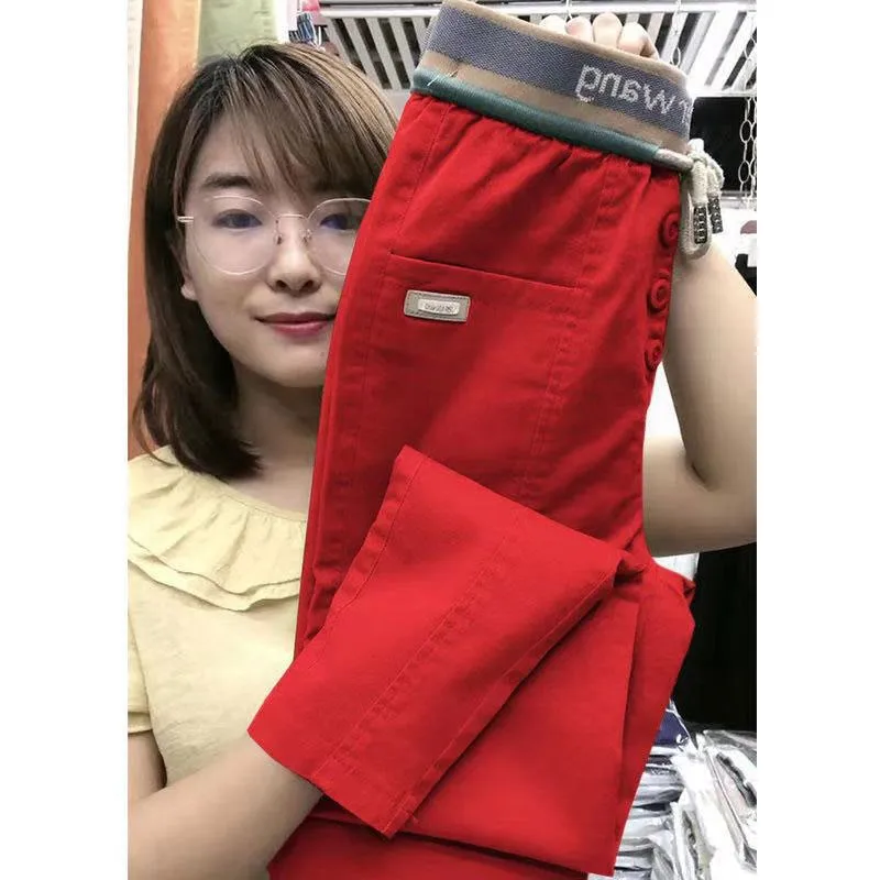 En venta Pantalones holgados con cintura elástica de talla grande para mujer, pantalones bombachos de algodón informales combinados, moda de Corea, primavera y otoño, V156 r0QK39yQNql