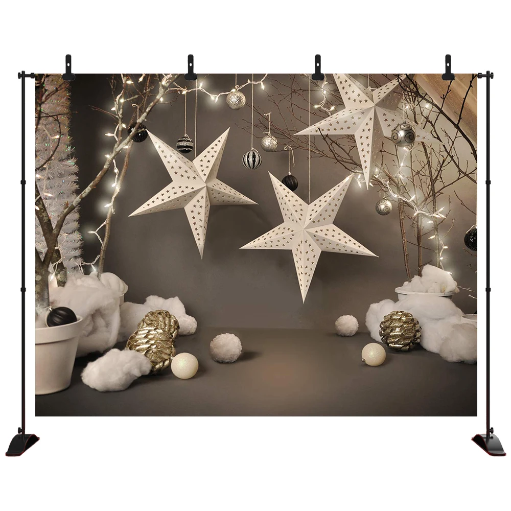 

Christmas Backdrop Hanging Paper Star Lantern Silver & Tree branch Baby Portrait Photography Background For Photo Studio