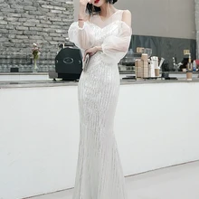 Белое длинное вечернее платье из тюля с длинными рукавами элегантное вечернее платье с блестками вечерние платья для женщин Роскошные вечерние платья