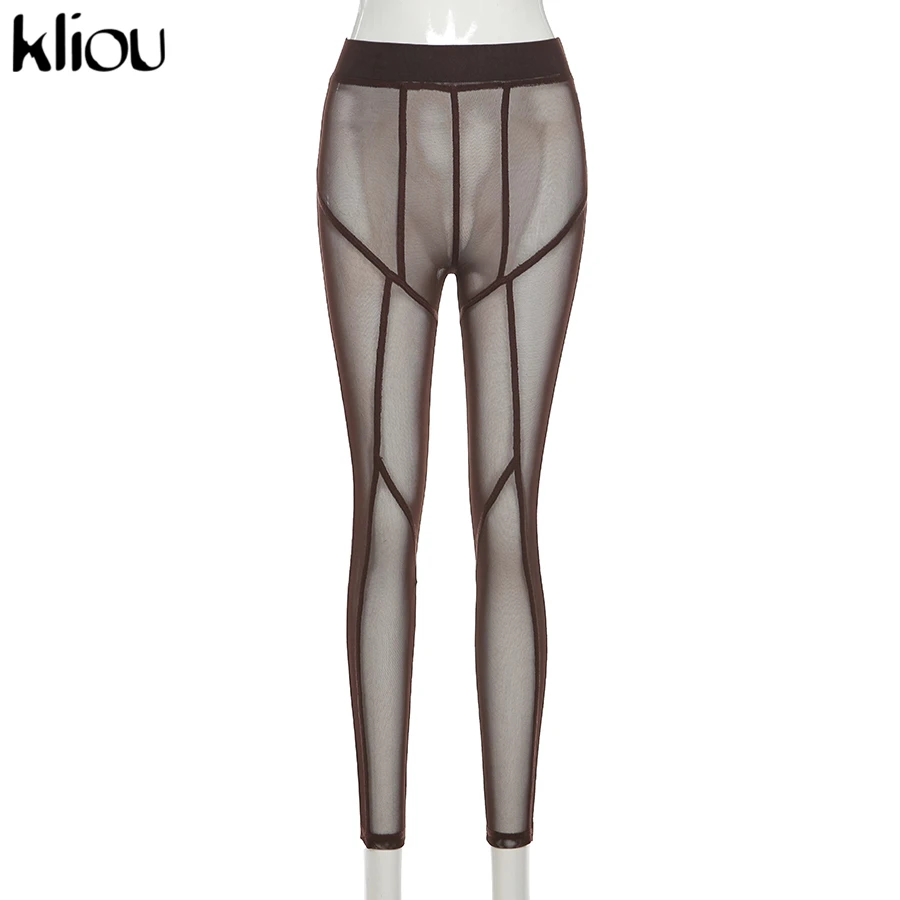 Kliou Mesh See Through Pants Women 2021 Hot Sexy High Waist Patchwork Sheer Leggings Body-shaping Baddie Style Skinny Trousers honeycomb leggings