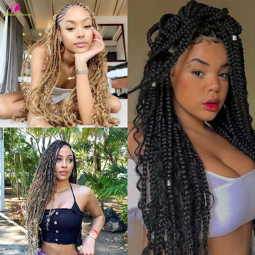 Goddess Box Braids Crochet Hair Bohomian Ombre With Curly End 1420&22  Synthetic Box River Crochet Braiding Hair Extensions