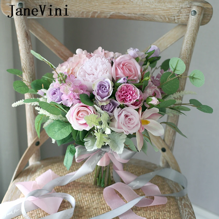 JaneVini Elegant Wedding Bouquet Pink Purple Roses Artificial Silk Bridesmaid Flower Bouquet Mariage Bridal Wedding Accessories