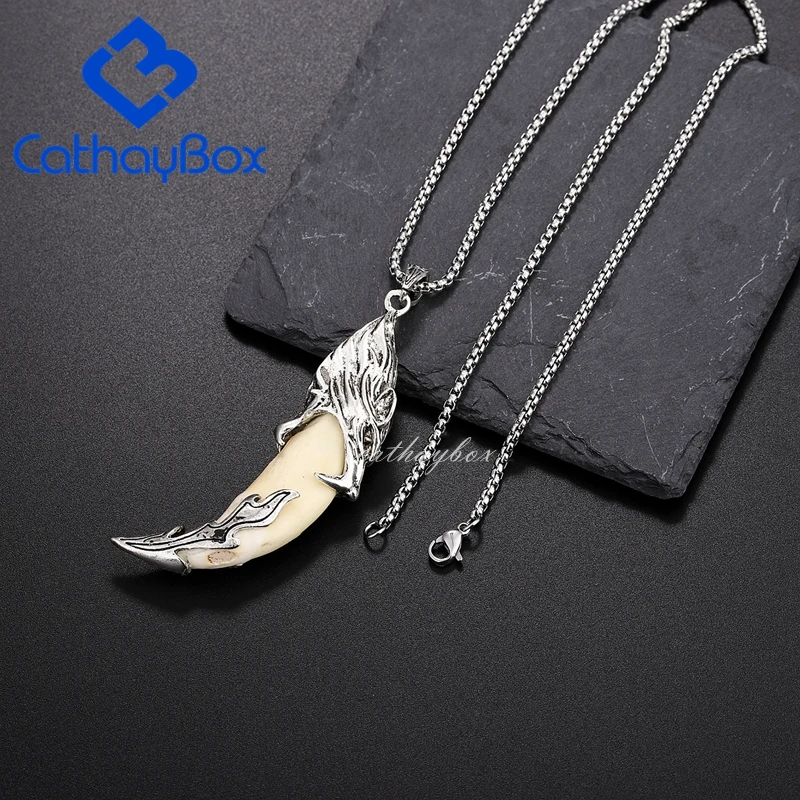 Men's Trendy Wolf Tooth Pendant Tribal Design Cream Necklace Wolf Head Jewelry W/ SS Chain 24" Long L CB03B013