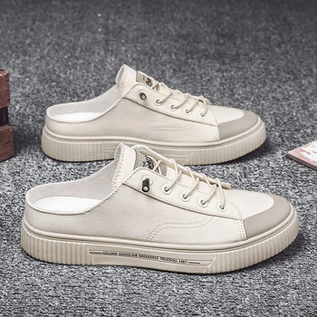 

Summer Half Slippers for Man Beige Black Men Canvas Sneakers Breathable Designer Half Drag Canvas Men Shoes Lacing Flats Shoes