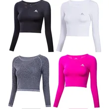 Укороченный топ, круглый воротник, длинный рукав, Спортивная рубашка для женщин, дышащая, для спорта и отдыха, для бега, тренировок, тренажерного зала, йоги, пуловер