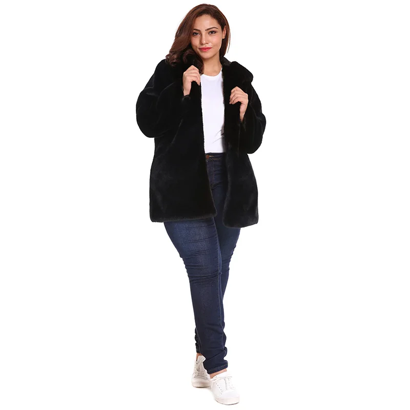 Женская пушистая куртка 5XL 6XL размера плюс пальто из искусственного меха с капюшоном Длинная одежда с рукавами зимняя теплая меховая длинная парка пальто черного цвета