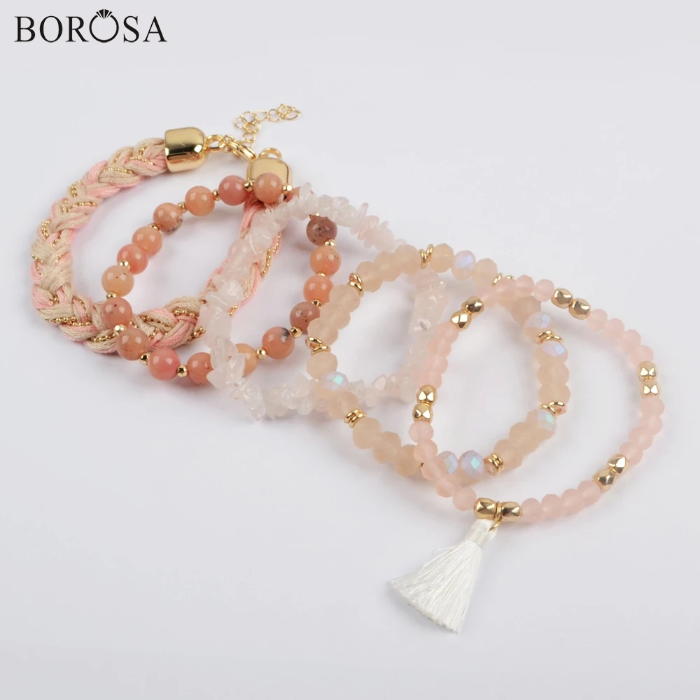 BOROSA 5 Комплекты с браслетом наборы(5 шт./компл. браслеты) светло-розовые бусины из нефрита AB покрытие стеклянная бусина фасетчатые украшения WX1186