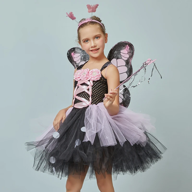 Pink and Black Monarch Butterfly Tutu Dress with Wings Girls Insect Bug Butterfly Halloween Costume Kids Birthday Tutu Outfit (4)