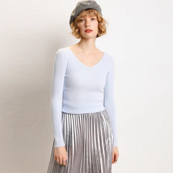 

Knitwear women's thin head 2019 autumn V-neck stretch knit top Slim thin bottoming shirt female pullover