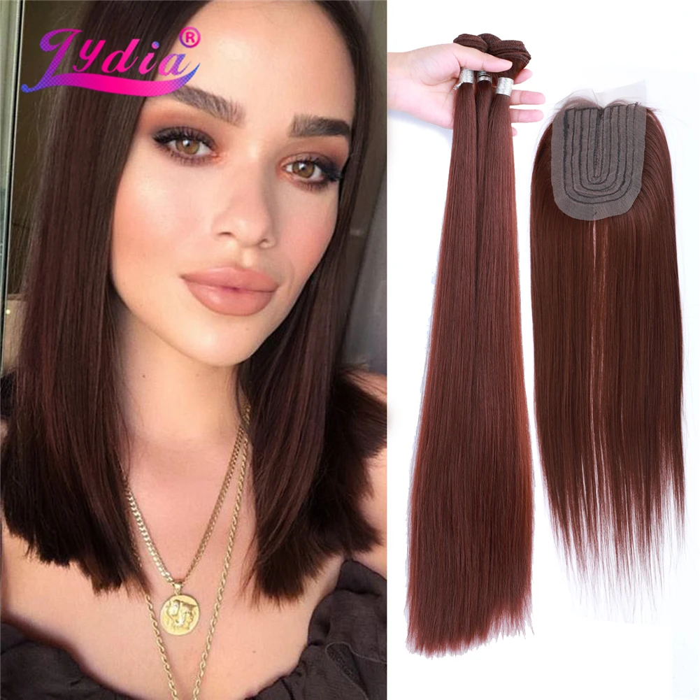 Pces com Loira do Fechamento Sintético do Pacote Reto de Seda de Lydia com Fechamento a Extensão Preta Natural do Cabelo de 3 Teceu Liso Polegada - 4 30 1 Apliques e perucas