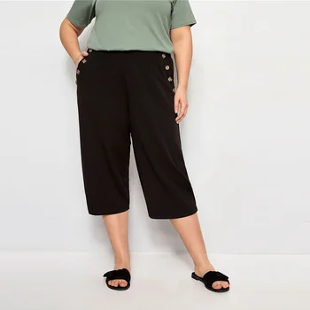 

Summer Plus Size Fashion Loose 3XL-7XL Large Decorative Buttons Overweight Woman Casual Wide Leg Pants Lady Knee Length Trousers