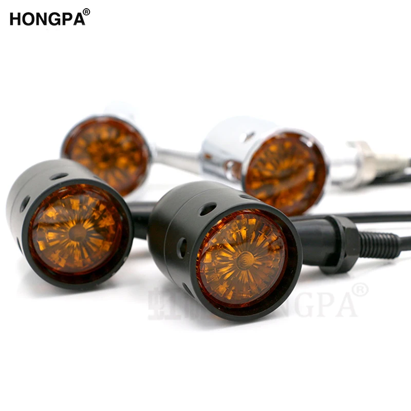 Motorcycle Black Chrome Cast Aluminum Drilled Indicators LED Turn Signals Cafe Racer Retro for Choppers 10mm Hole