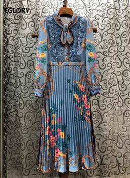 

Bow Tie Elegant Dress 2020 Spring Style Women Beautiful Floral Print Lace Patchwork Long Sleeve Mid-Calf Pleated Dress Blue