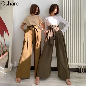 

NEW Casual Bow Tie Bandage Wide Leg Pants High Waist Solid Color Cotton Trousers Women Fashion Elegant 2020 Summer Loose