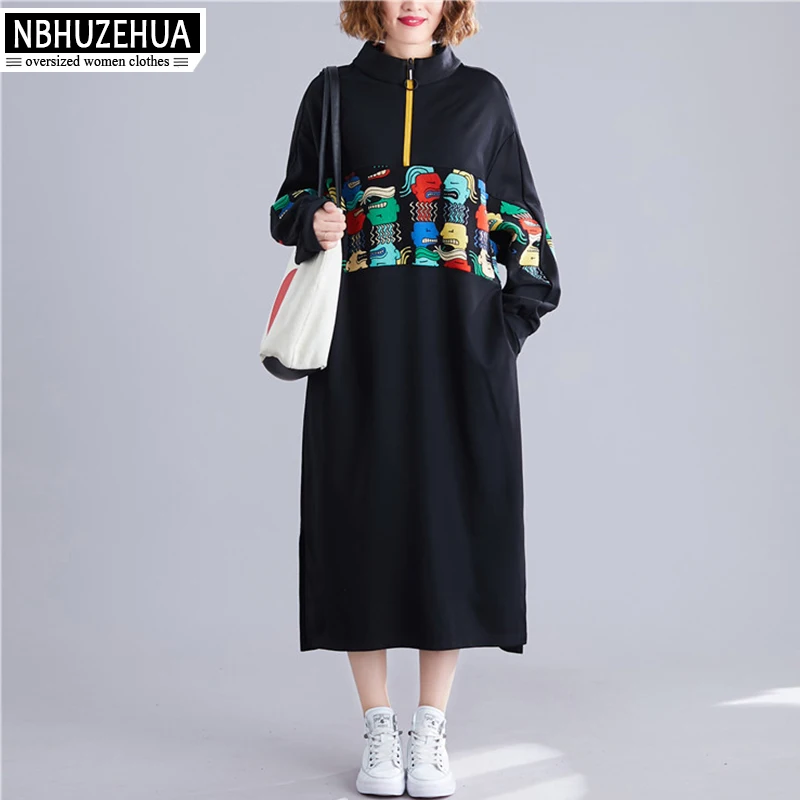 NBHUZEHUA Осень Женская длинная футболка платье уличная одежда с длинным рукавом принт водолазка платье Большой размер свитер платье 5XL 19-D446