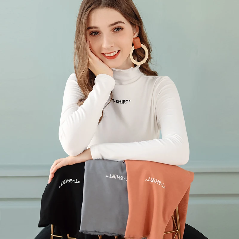 

Hot sale spring 2020 new women shirts full sleeve high collar Plus cashmere Keep warm Solid Knit Korean Casual Bottom Shirt tops