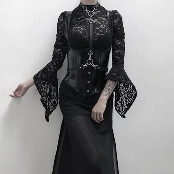 

Punk Sexy Women Gothic Perspective Bobysuits Ladies Lace Hollow Out Horn Long Sleeve Badysuit Female Solid Jumpsuits Clothes