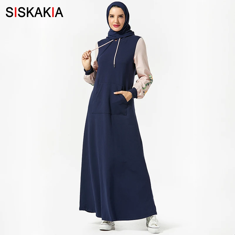 Siskakia/толстовка с капюшоном и длинным рукавом; модное платье с вышивкой; популярные цвета; Лоскутные Макси-платья; плотная зимняя спортивная одежда; - Цвет: blue dress