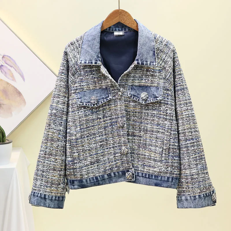 

Autumn Winter 2019 NEW Ladies Sequins Diamond Tweed Patchwork Denim Jacket Women Long Sleeves Loose Outerwear Free Shipping