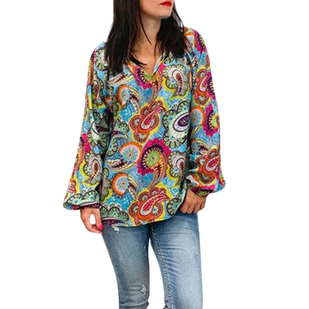 

Plus Size Women Tunic Shirt 2019 Autumn Long Sleeve Floral Print V-neck Blouses And Tops With Button Big Size Women Clothing