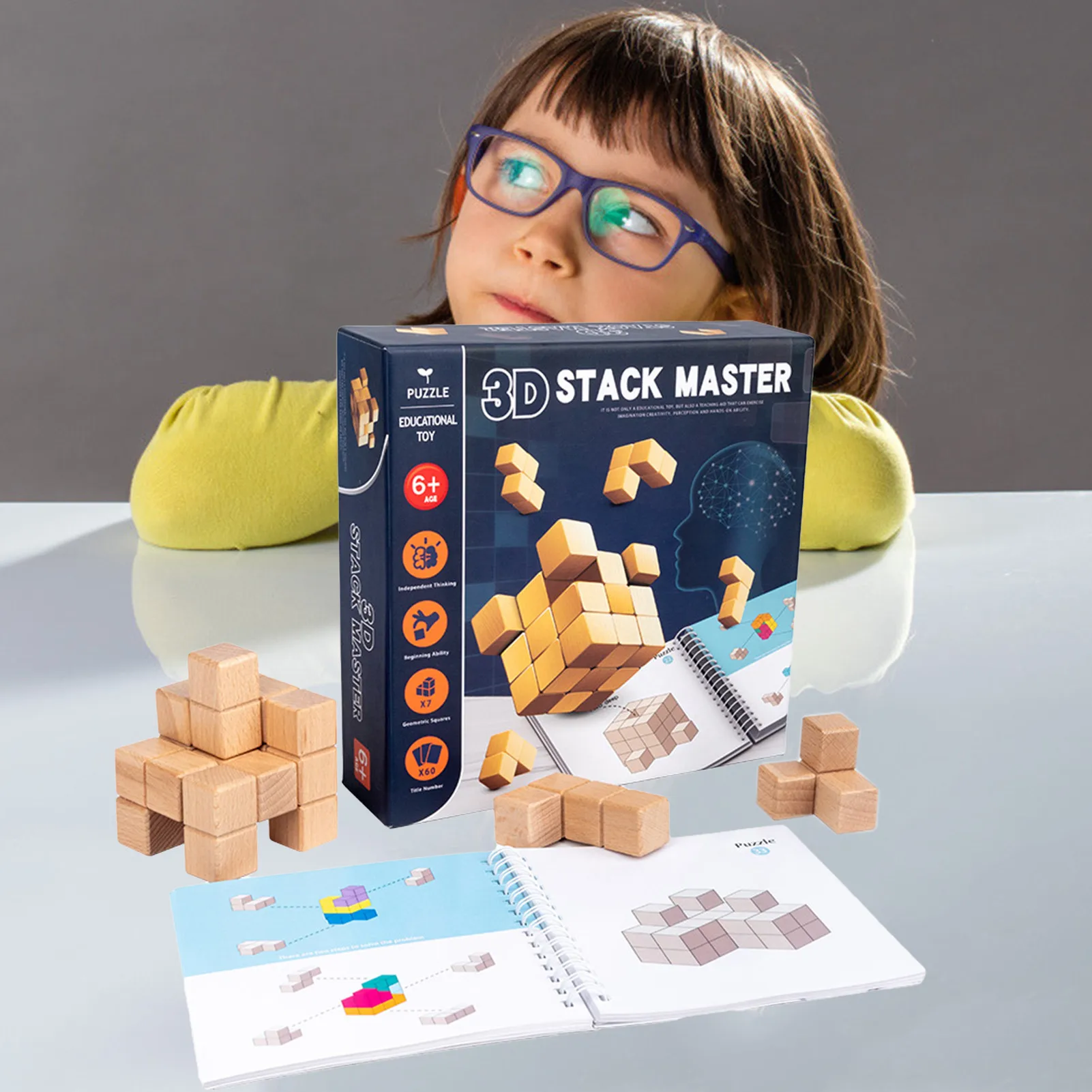 Caixa de Quebra-cabeças de Madeira Empilhamento de Jogos com Tijolos Brinquedos para Crianças Colorida Coloridos 16 Caixa de quebra-cabeças de madeira colorida, empilhamento