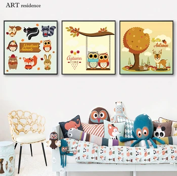 

Cute cartoon poster owl, deer print oil painting canvas, baby, children's room, bedroom decoration, decorative painting