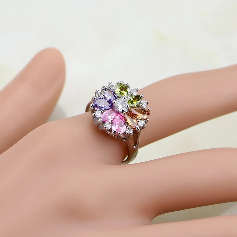 925 Silver Jewelry Flower Multi-color stones Jewelry Sets For Women Wedding Earrings/Pendant/Necklace/Rings - 5
