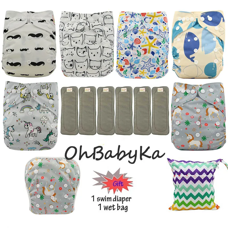 13 Ohbabyka водонепроницаемый детский карман пеленки Моющиеся Многоразовые подгузники из ткани детские подгузники 6 шт+ 6 шт микрофибры вставки+ 1 бесплатный подгузник мешок - Цвет: 13
