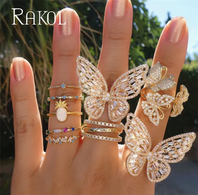 RAKOL Мода AAA Cut кубический циркон бабочка Открытые Кольца для женщин Роскошные Brial Свадебная вечеринка ювелирные аксессуары