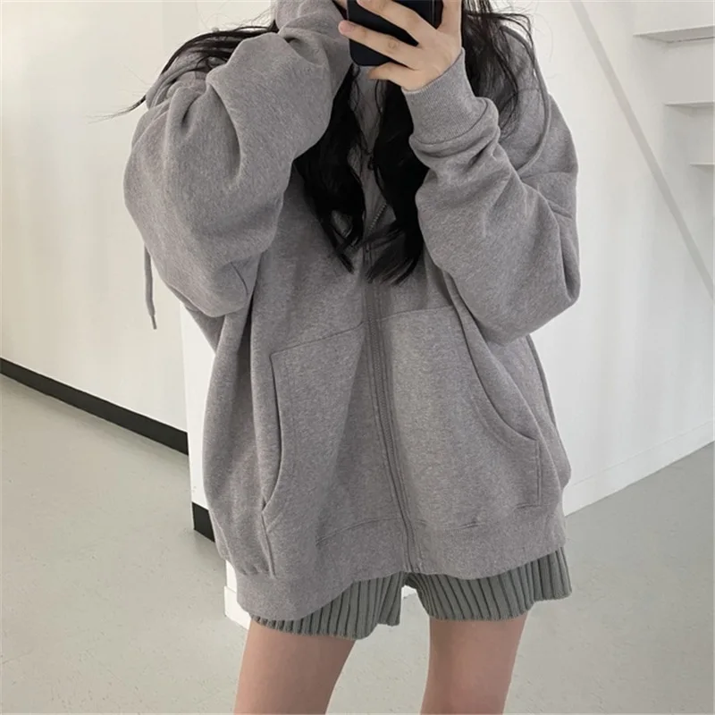 Women Korean Version Loose Hoodies Long Sleeve Zip Up Solid Pocket Oversized Sweatshirts Female Thin Harajuku Hooded Coat Top