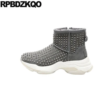 

australian brand women winter boots genuine leather rivet studded snow booties shoes ankle high heel stud wedge quality gray