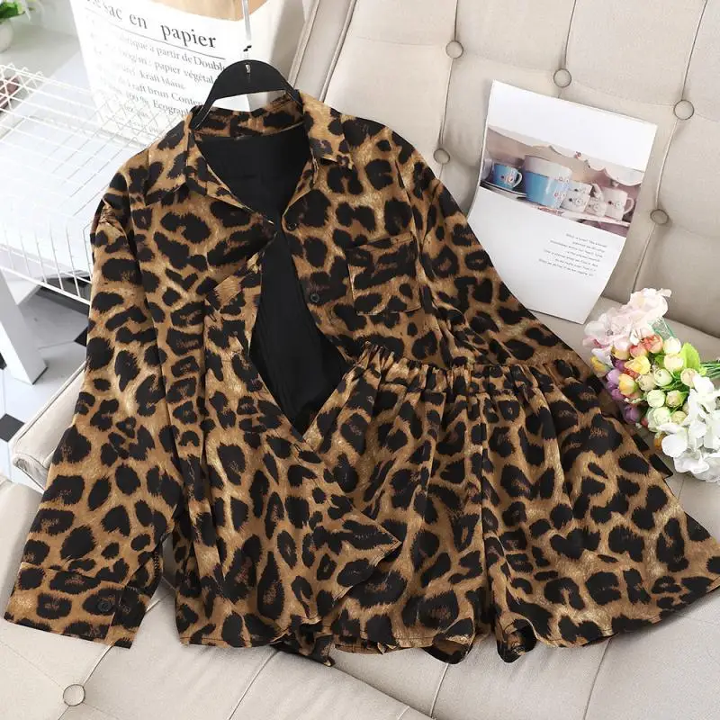 

New Style Harajuku-Style Loose-Fit Long Sleeve Sun-resistant Shirt Wide-Leg Shorts Two-Piece Set Western Style Leopord Pattern W