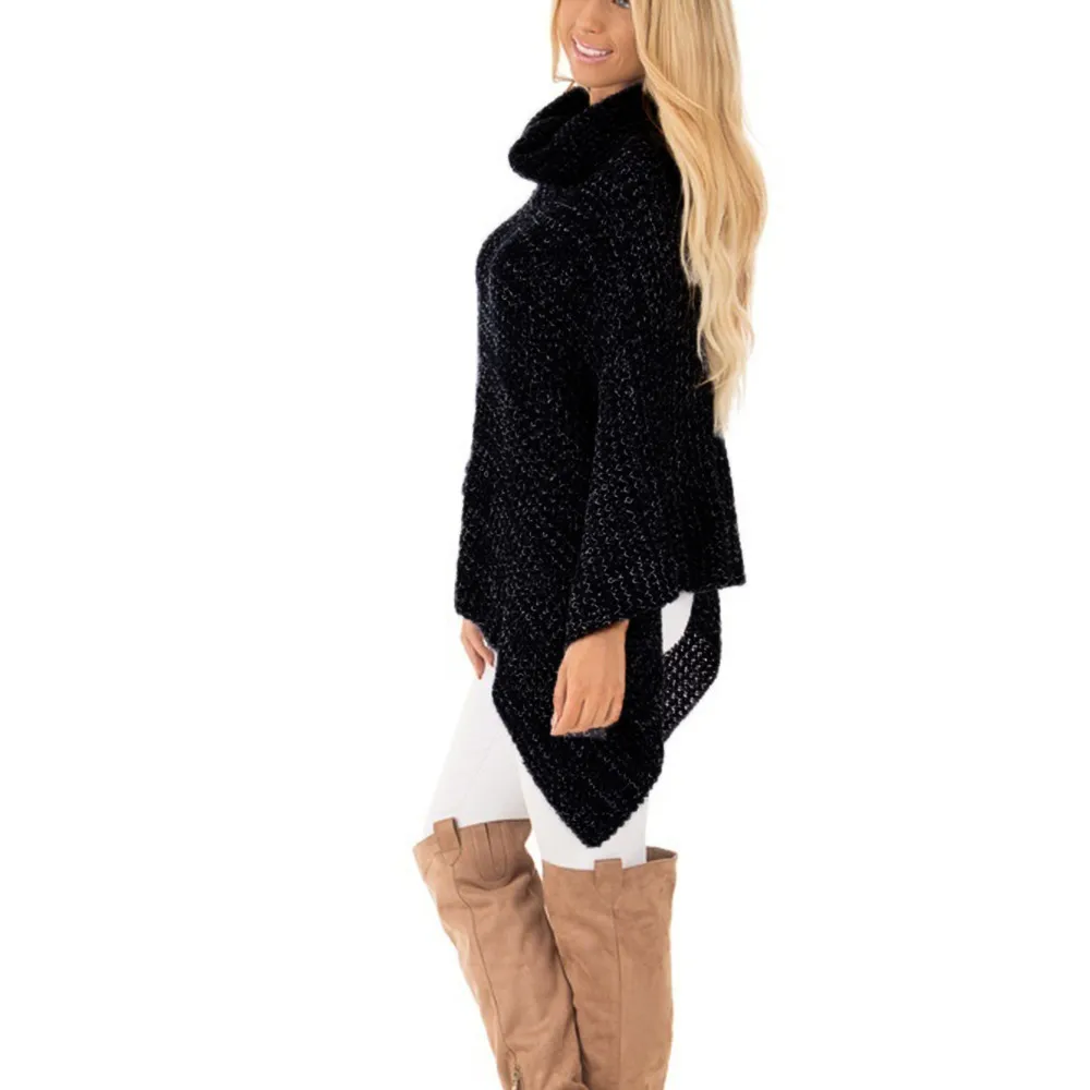 Осенне-зимнее женское Трикотажное пончо с воротником-черепашкой и пуговицами с асимметричным подолом, пуловер, свитер, акриловые волокна, женские свитера 9,12