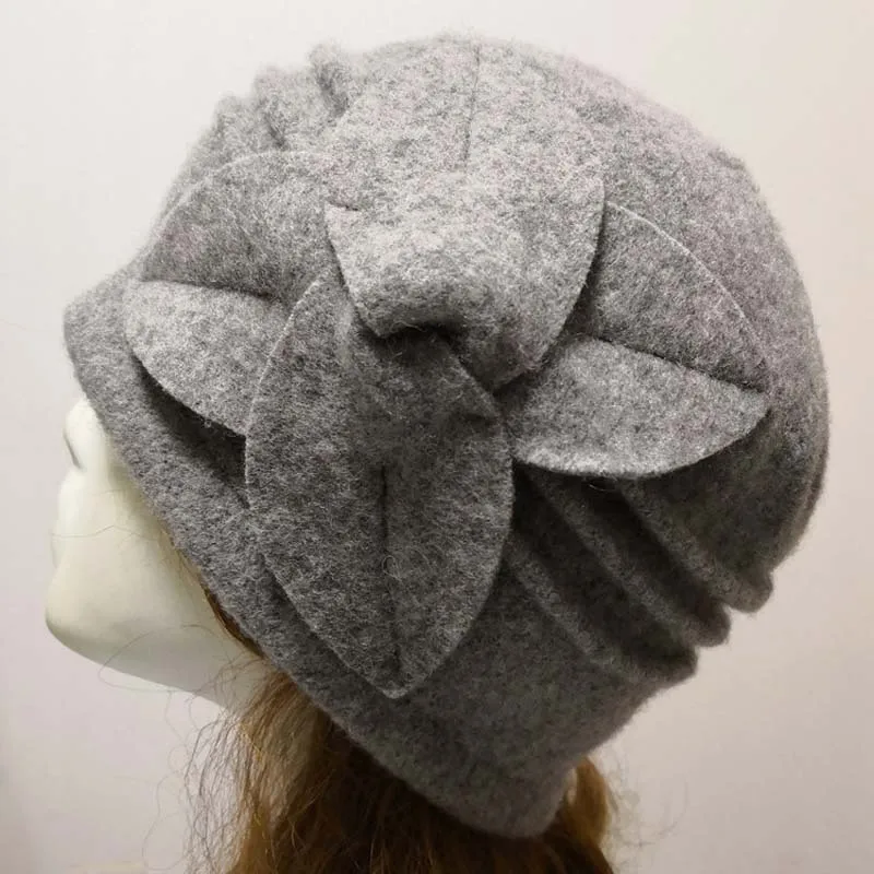 Женские шерстяные шапки на осень и зиму, чистая шерсть, теплые шапки, шапка-ведро, подарки для мамы, леди, цветок, фетровая шляпа - Цвет: Light gray
