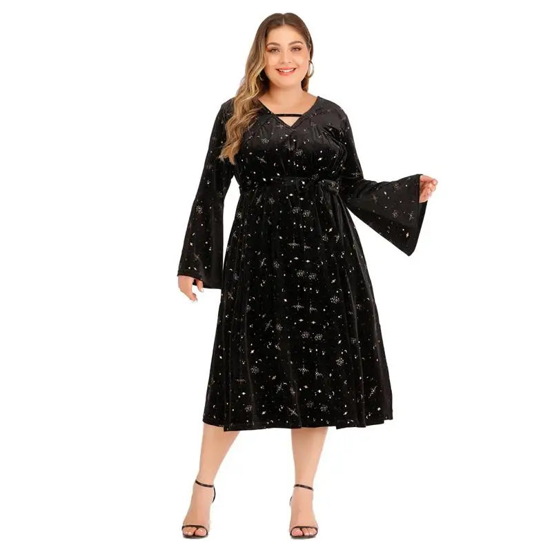 XL-5XL, осень-зима, плюс размер, вельветовое платье, повседневное, женское, с принтом, с длинным рукавом, платье с рукавом-колокол, большой размер, элегантные, длинные, вечерние платья - Цвет: black