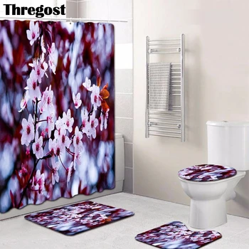 

Thregost Shower Non Slip Mat and Shower Curtain 4pcs/Set Bathroom Floor Rugs Toilet Carpet Set Water Absorbent Mats Footmat