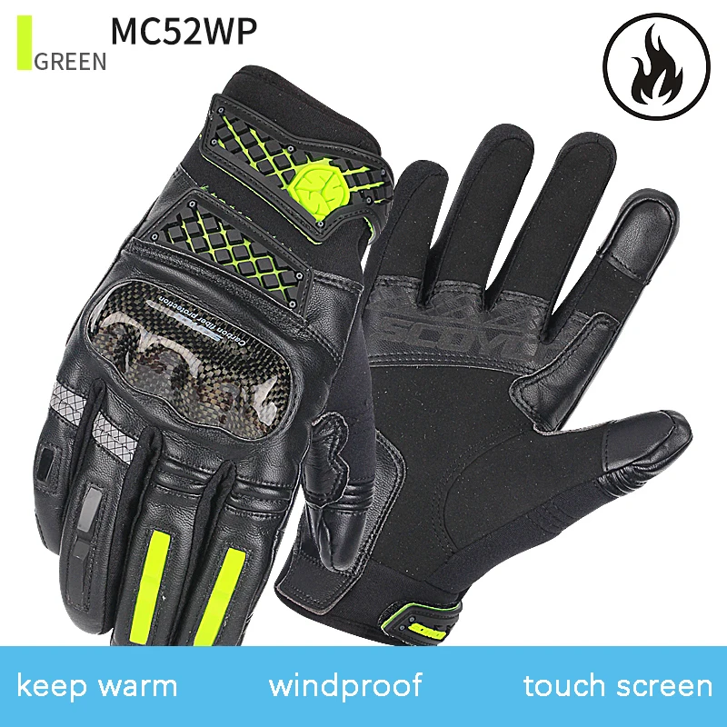 MC52WP-green Мотоциклетные Перчатки, черные, для гонок, для велоспорта, с защитой от падения, из углеродного волокна, толстые, сохраняют тепло, ветрозащитные и водонепроницаемые зимние перчатки - Цвет: MC52WP-green