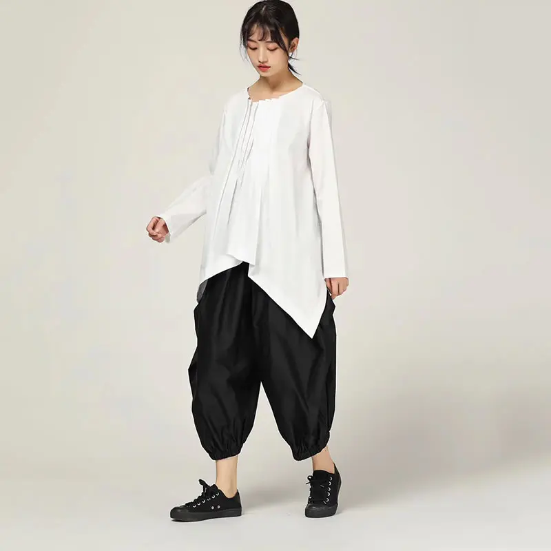 XITAO Pleated Pleated Autumn T Shirt Women Clothes O Neck Pullover Elegant Small Fresh Irregular Casual Style Tee WLD2450