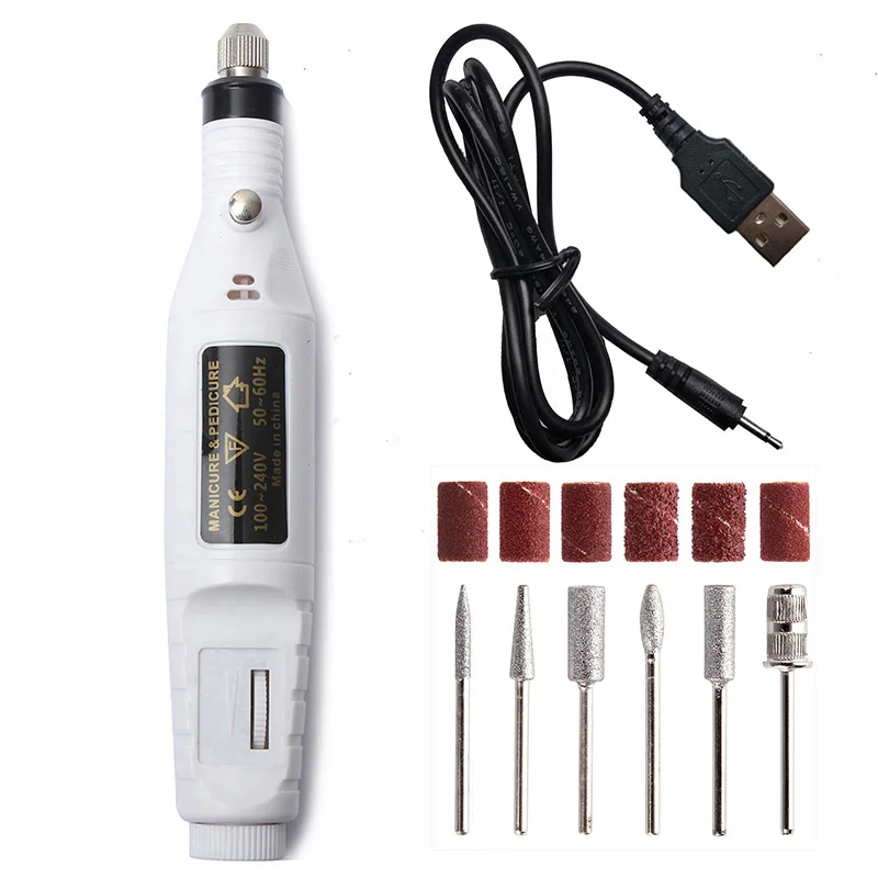 1 Набор, 5 В, USB, одна, низкая скорость, электрическая дрель для ногтей, машинка для маникюра, пилка для дизайна ногтей, сверла для ногтей, инструмент, аппарат для педикюра - Цвет: Белый