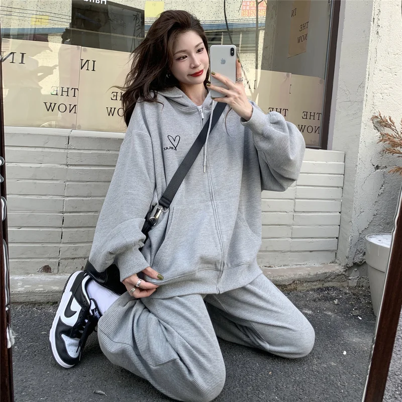 Two-piece Suit Hooded Sweatshirt Women Loose Oversize Sports Casual Style  Spring Autumn Zipper Cardigans Korean Fashion New - AliExpress
