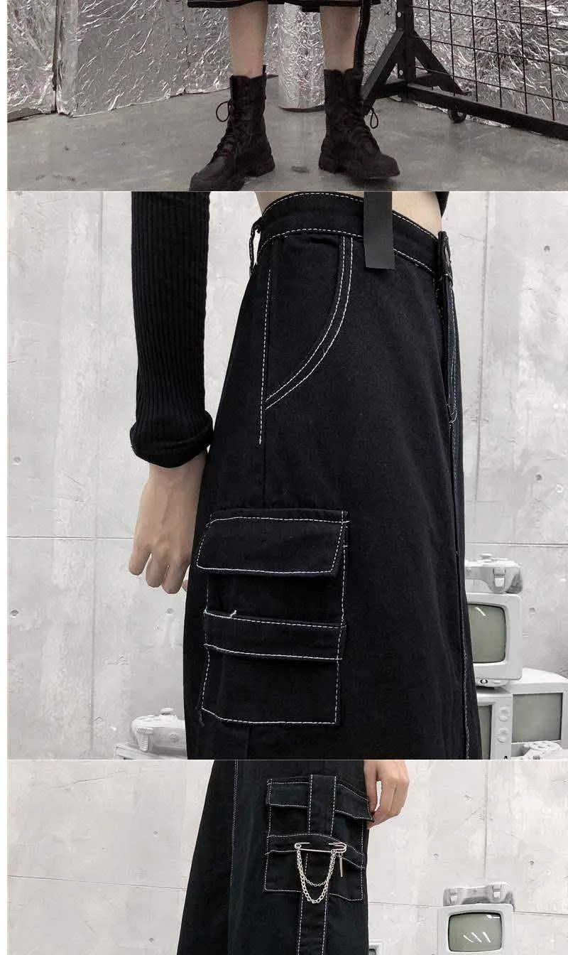 NiceMix размера плюс Корейская черная высокая талия карго карман булавка цепь лента винтажная Готическая Джинсовая юбка Сексуальная элегантная миди длинная хараджу