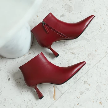 

Genuine Leather Ladies Boots Female Zipper Pointed Toe thin high Heels boots women Pumps New Wedding Dancing Shoes Woman