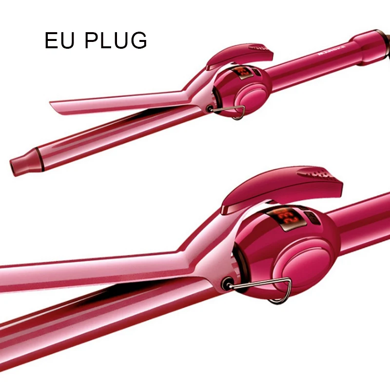 red 9MM EU Plug ЖК-дисплей, щипцы для завивки, профессиональные бигуди для волос, вращение, завивка, палочка, липкий ролик, магический керамический инструмент для укладки волос 19 мм - Цвет: red 9MM EU Plug