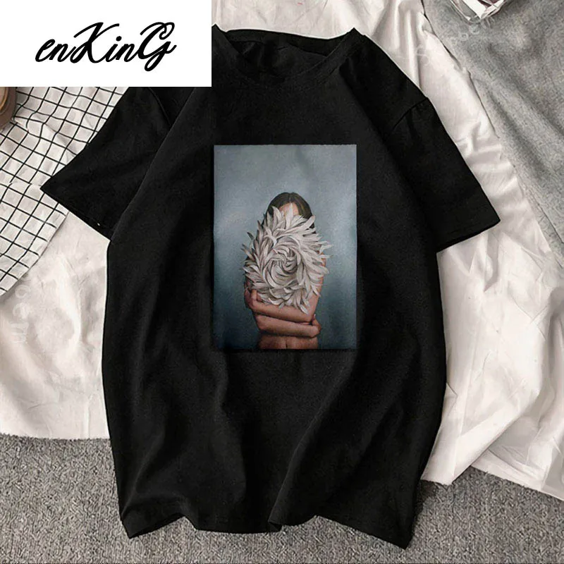 

2019 Korean Clothes Harajuku Aesthetics Tshirt Sexy Flowers Feather Print Short Sleeve Tops & Tees Fashion Casual Couple T Shirt