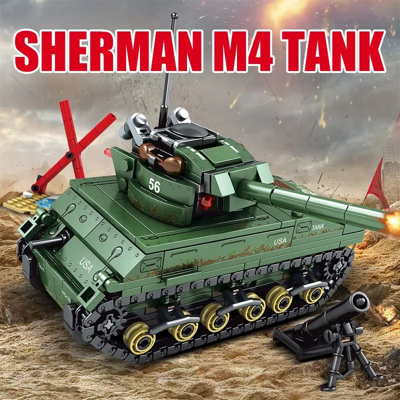 437PCSUSA Sherman M4 Танк строительные блоки техника WW2 Военный Город полицейский солдат
