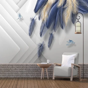 

Custom Photo Wallpaper Modern Fashion Light Luxury Hand Painted 3D Golden Blue Feather Geometric Background Wall Mural Wallpaper