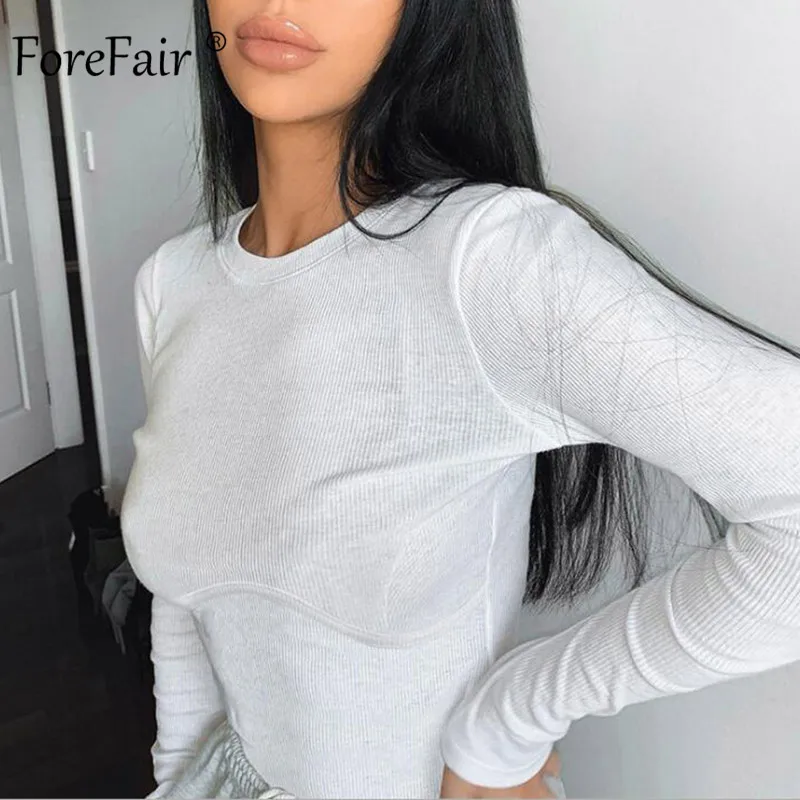 Forefair, ребристые сексуальные женские белые топы с круглым вырезом, бодикон, элегантная мода, зимний Повседневный базовый боди с длинным рукавом